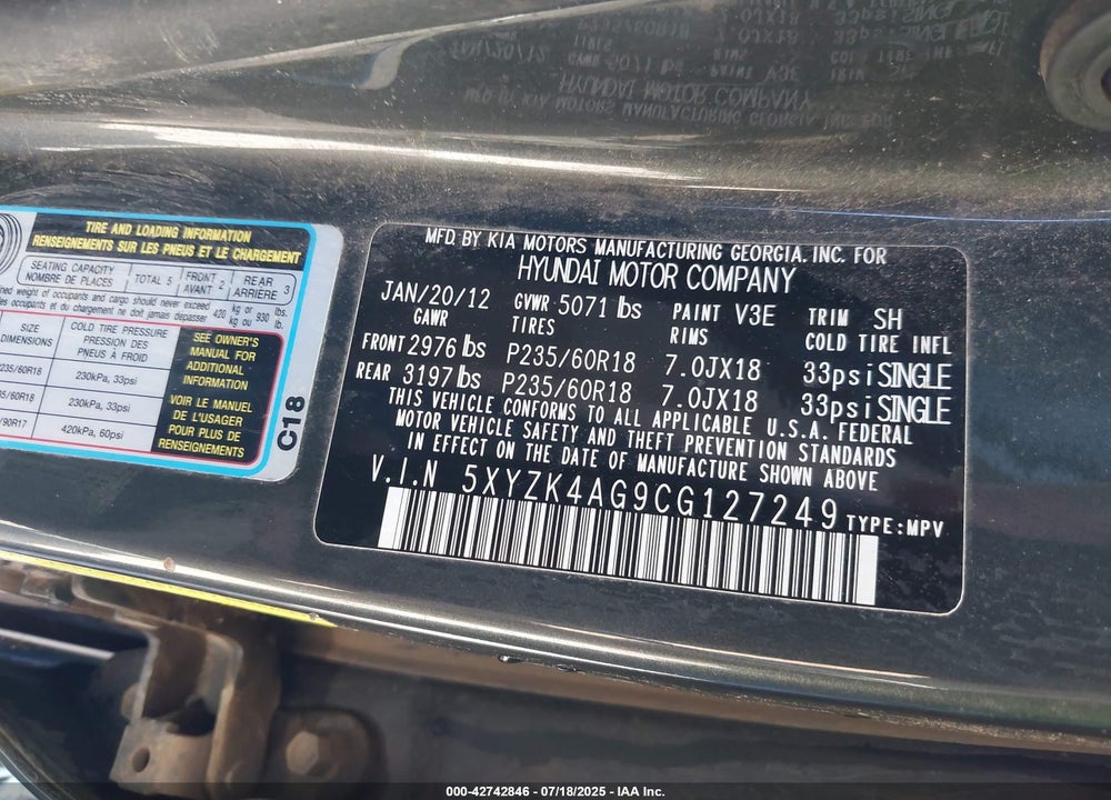 2012 HYUNDAI SANTA FE VIN: 5XYZK4AG9CG127249