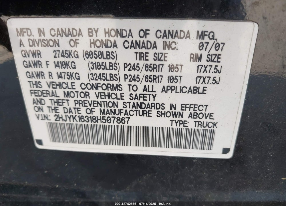 2008 HONDA RIDGELINE RTX VIN: 2HJYK16318H507867