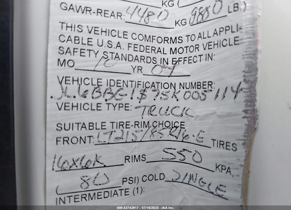 2005 MITSUBISHI FUSO TRUCK FE 84D VIN: JL6BBG1S75K005114