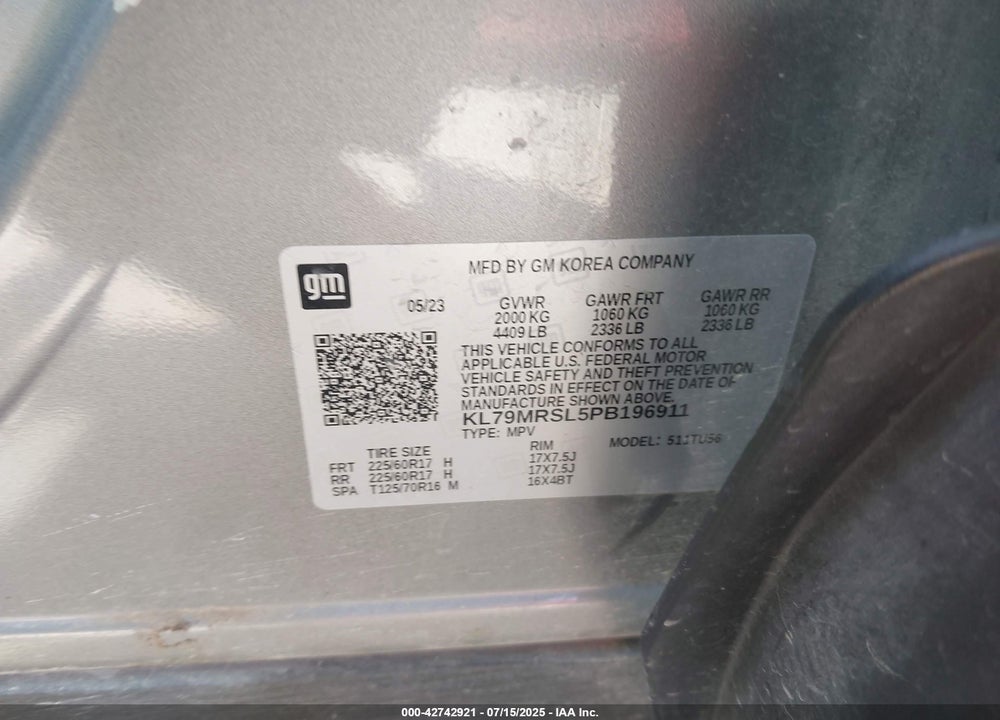 2023 CHEVROLET TRAILBLAZER VIN: KL79MRSL5PB196911