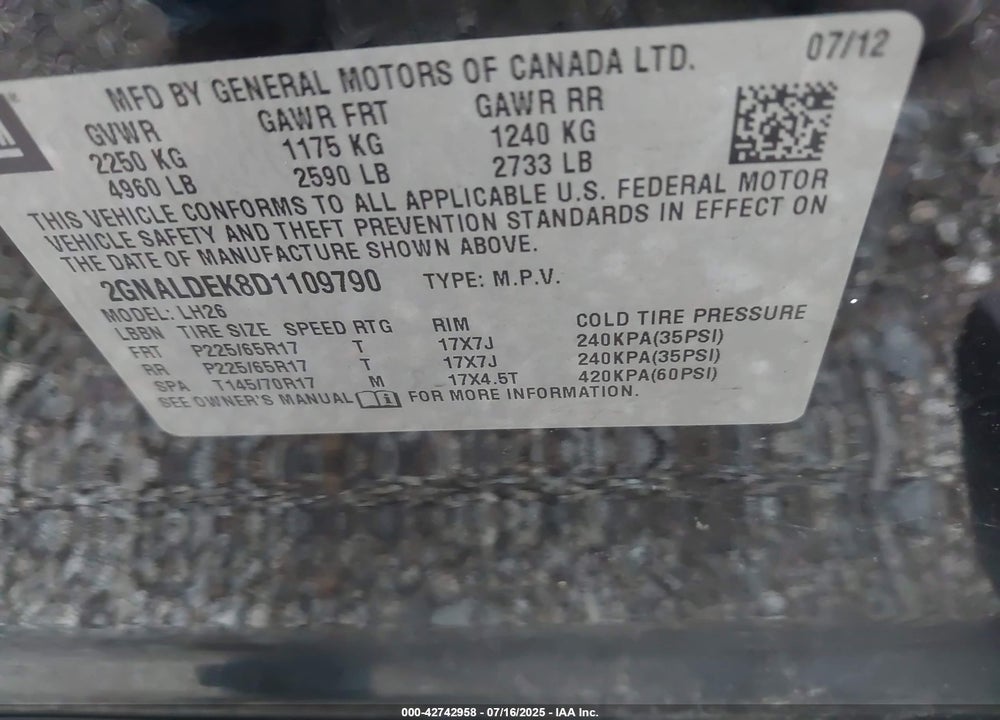 2013 CHEVROLET EQUINOX 1LT VIN: 2GNALDEK8D1109790