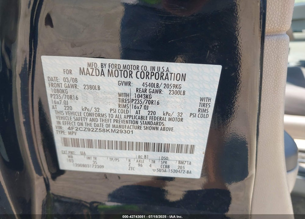 2008 MAZDA TRIBUTE VIN: 4F2CZ92Z58KM29301