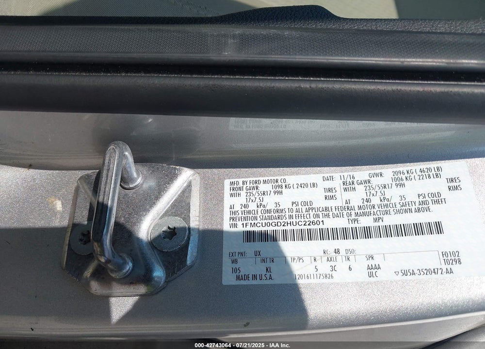 2017 FORD ESCAPE VIN: 1FMCU0GD2HUC22601