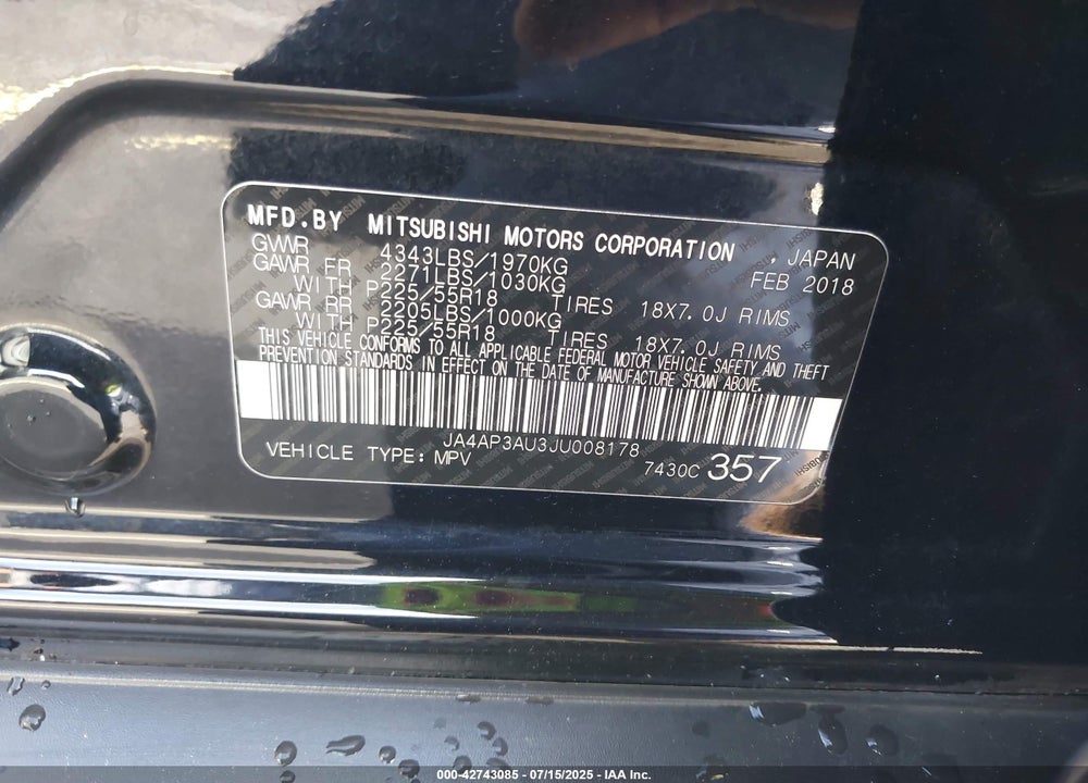 2018 MITSUBISHI OUTLANDER SPORT VIN: JA4AP3AU3JU008178