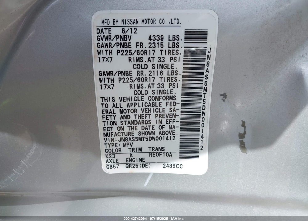 2013 NISSAN ROGUE VIN: JN8AS5MT5DW001412