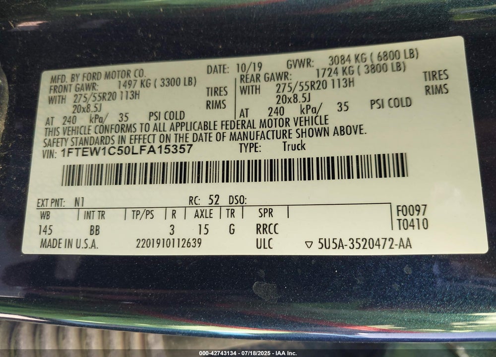2020 FORD F-150 VIN: 1FTEW1C50LFA15357