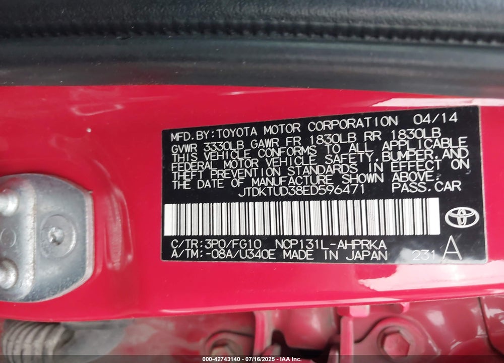 2014 TOYOTA YARIS VIN: JTDKTUD38ED596471