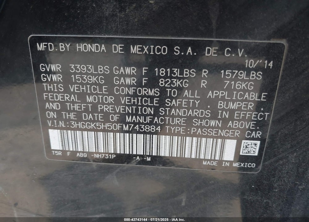 2015 HONDA FIT LX VIN: 3HGGK5H50FM743884