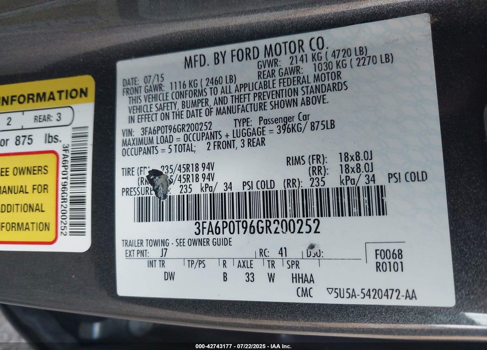 2016 FORD FUSION VIN: 3FA6P0T96GR200252