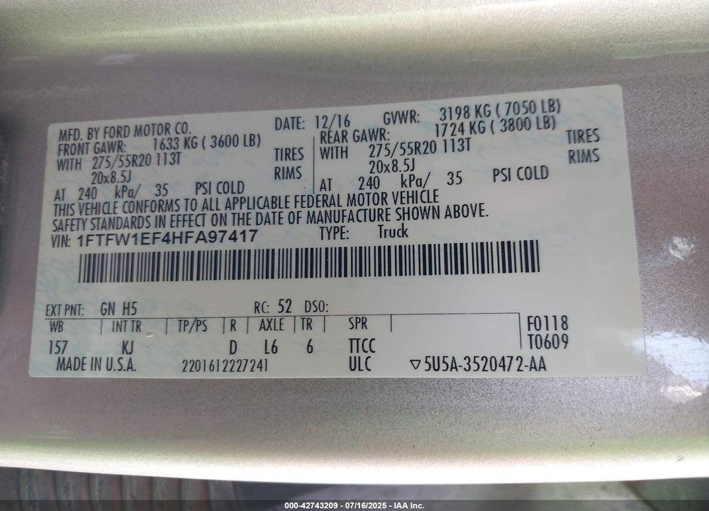 2017 FORD F-150 VIN: 1FTFW1EF4HFA97417