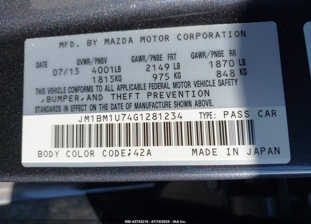 2016 MAZDA 3 VIN: JM1BM1U74G1281234