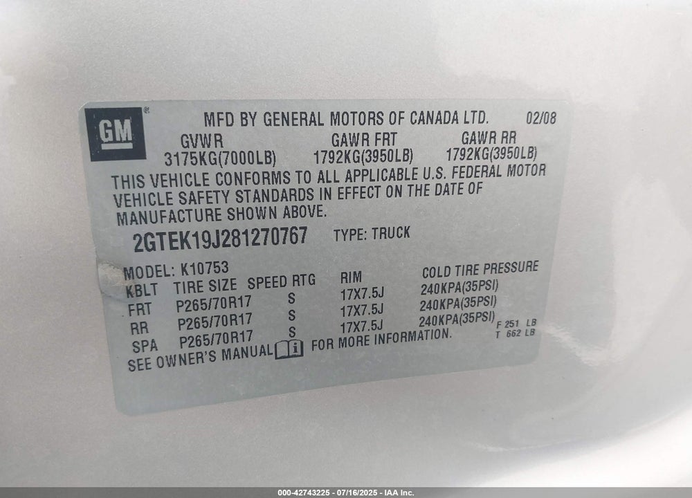 2008 GMC SIERRA 1500 VIN: 2GTEK19J281270767