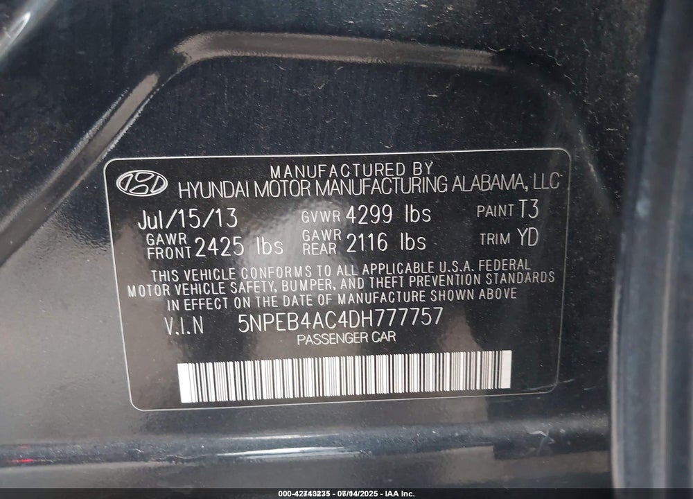 2013 HYUNDAI SONATA GLS VIN: 5NPEB4AC4DH777757