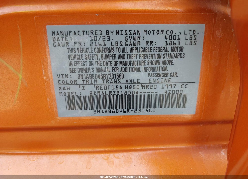 2024 NISSAN SENTRA VIN: 3N1AB8DV6RY231560
