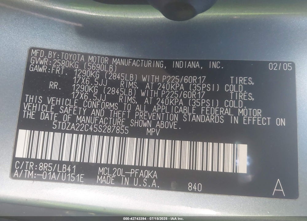 2005 TOYOTA SIENNA XLE VIN: 5TDZA22C45S287855