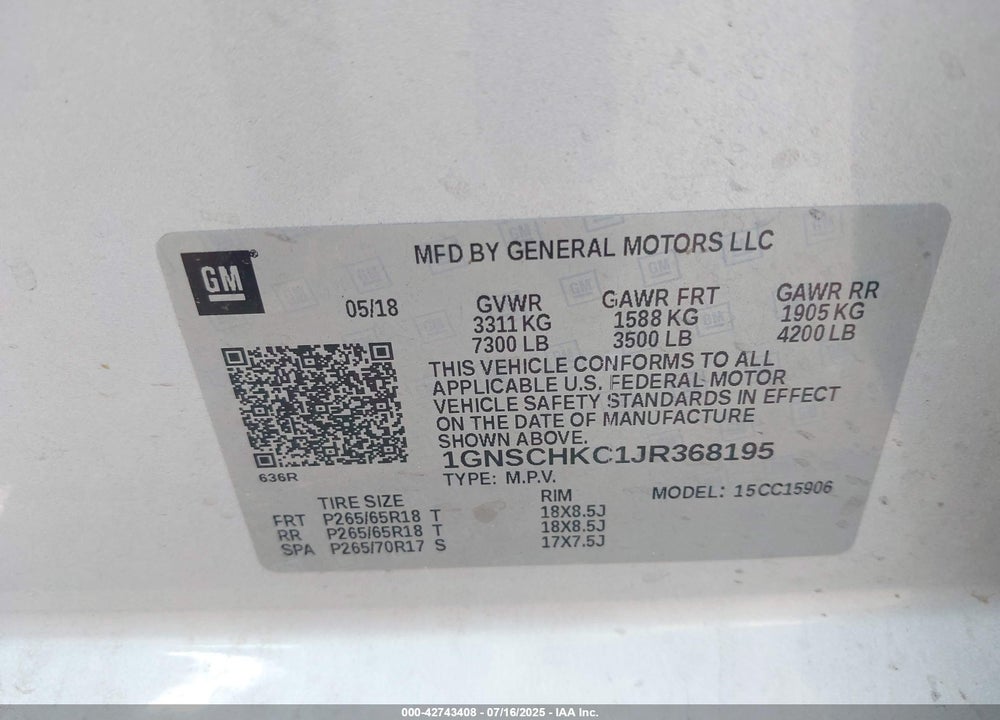 2018 CHEVROLET SUBURBAN VIN: 1GNSCHKC1JR368195