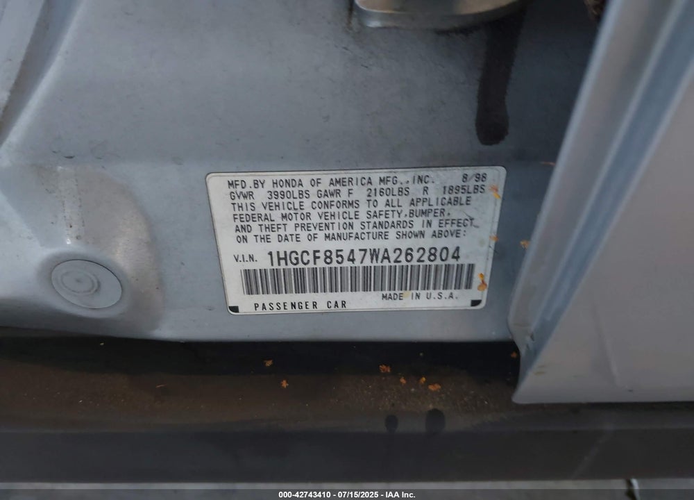 1998 HONDA ACCORD DX VIN: 1HGCF8547WA262804
