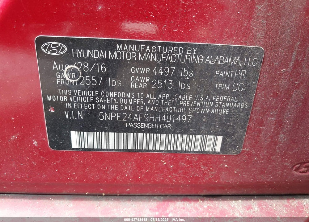 2017 HYUNDAI SONATA VIN: 5NPE24AF9HH491497