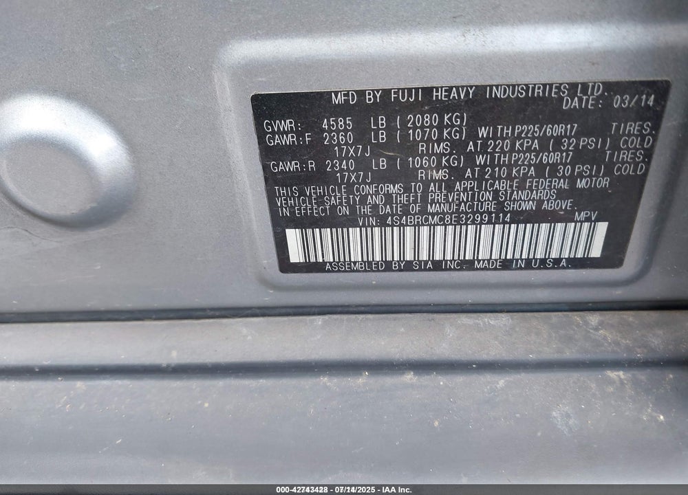 2014 SUBARU OUTBACK 2.5I LIMITED VIN: 4S4BRCMC8E3299114