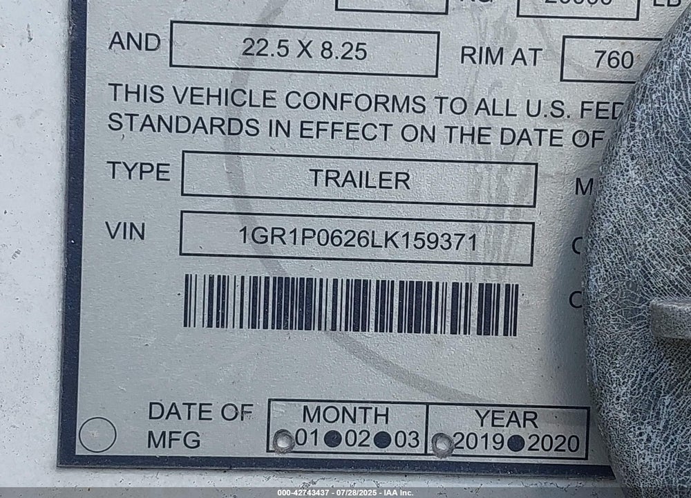 2020 GREAT DANE TRAILERS VAN VIN: 1GR1P0626LK159371