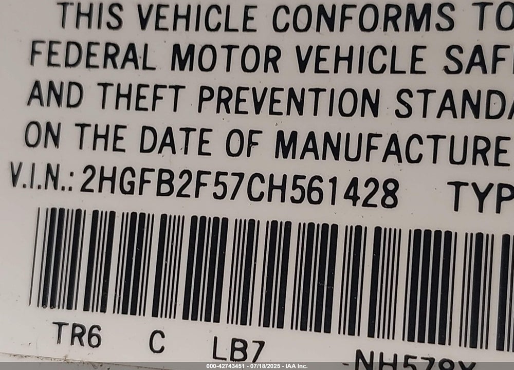 2012 HONDA CIVIC VIN: 2HGFB2F57CH561428