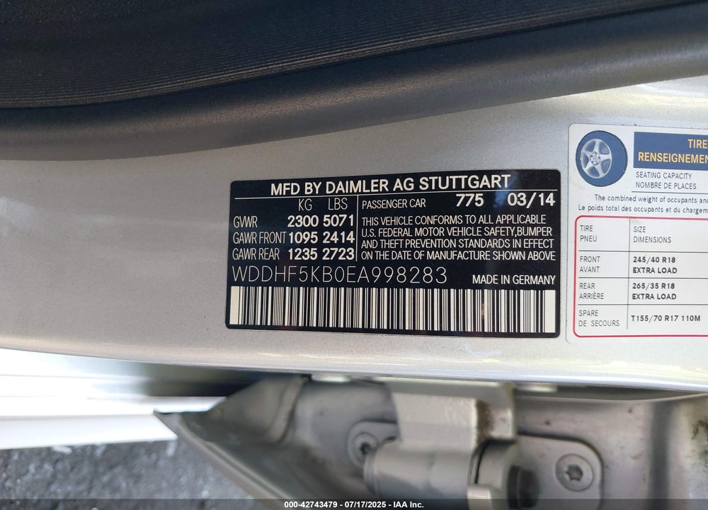 2014 MERCEDES-BENZ E-CLASS VIN: WDDHF5KB0EA998283
