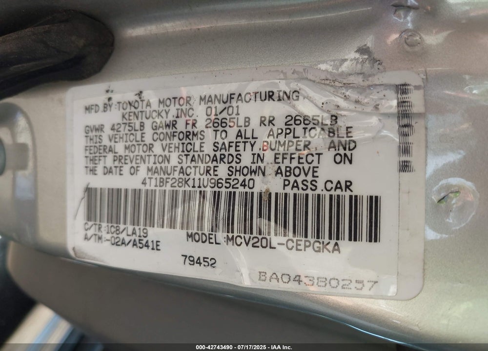 2001 TOYOTA CAMRY XLE V6 VIN: 4T1BF28K11U965240