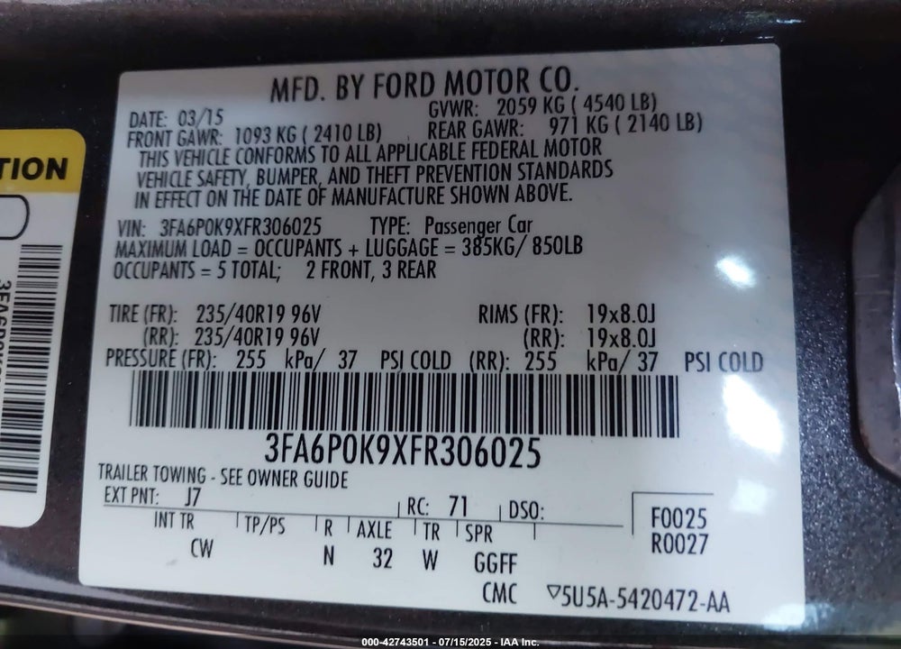 2015 FORD FUSION VIN: 3FA6P0K9XFR306025