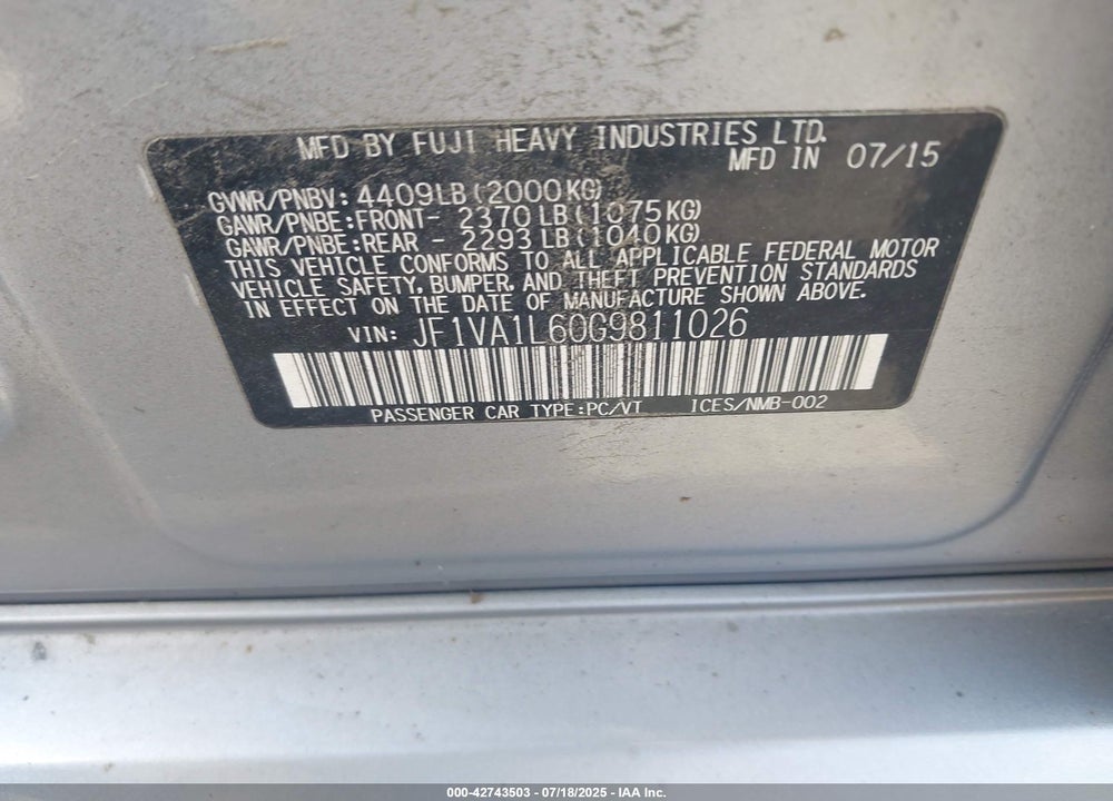 2016 SUBARU WRX VIN: JF1VA1L60G9811026
