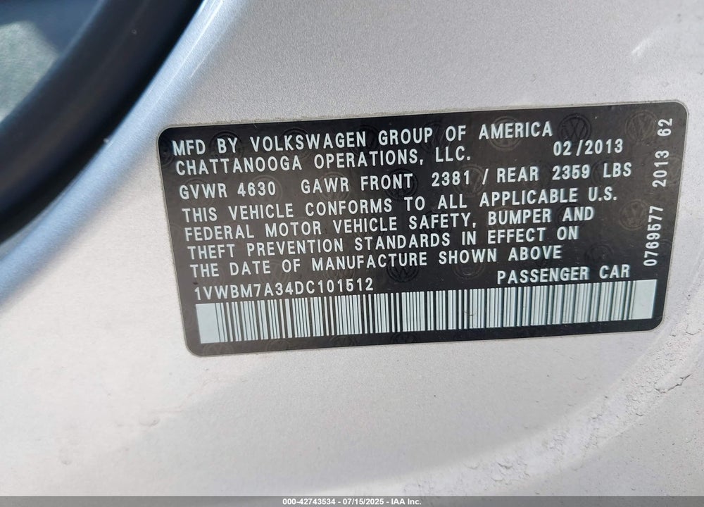 2013 VOLKSWAGEN PASSAT VIN: 1VWBM7A34DC101512