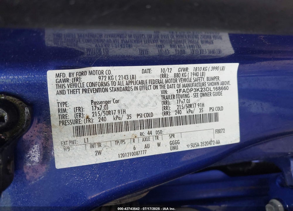 2013 FORD FOCUS VIN: 1FADP3K23DL168660