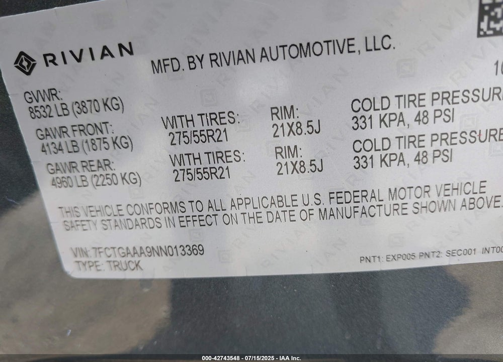 2022 RIVIAN R1T ADVENTURE VIN: 7FCTGAAA9NN013369