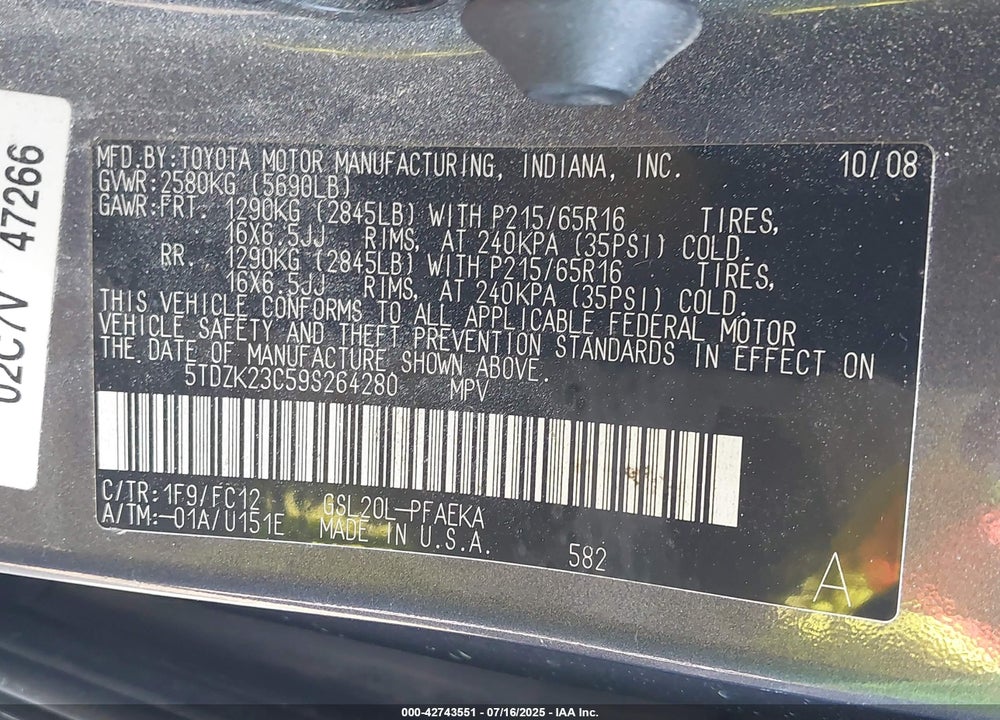 2009 TOYOTA SIENNA LE VIN: 5TDZK23C59S264280
