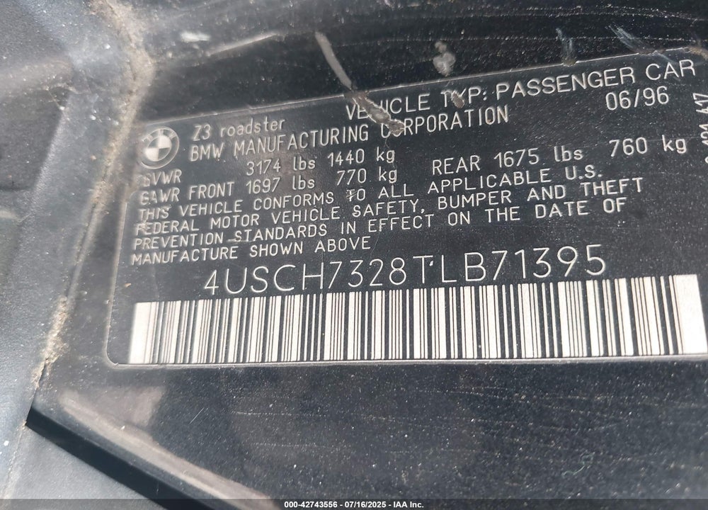 1996 BMW Z3 1.9 VIN: 4USCH7328TLB71395