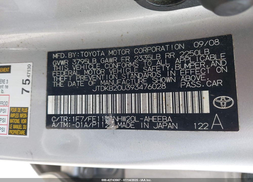 2009 TOYOTA PRIUS VIN: JTDKB20U393476028
