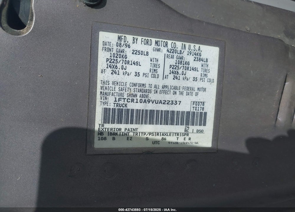 1997 FORD RANGER SPLASH/XL/XLT VIN: 1FTCR10A9VUA22337