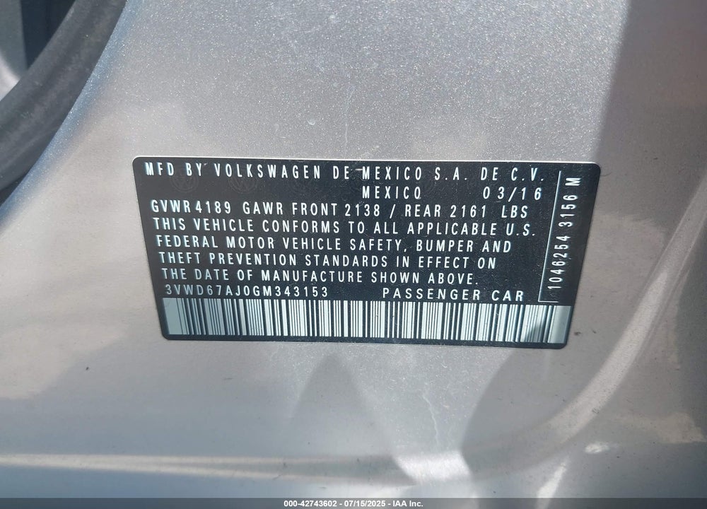 2016 VOLKSWAGEN JETTA VIN: 3VWD67AJ0GM343153