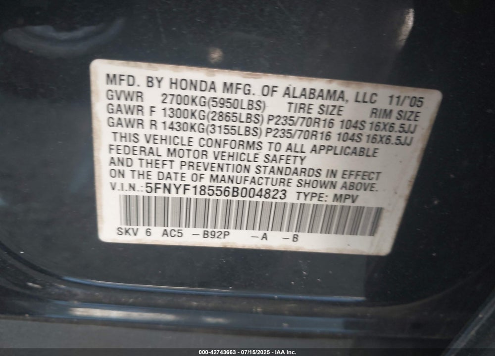 2006 HONDA PILOT EX-L VIN: 5FNYF18556B004823
