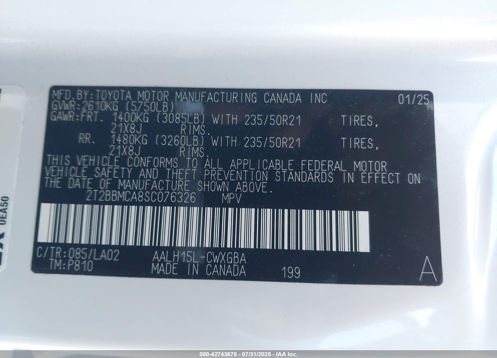 2025 LEXUS RX 350H VIN: 2T2BBMCA8SC076326