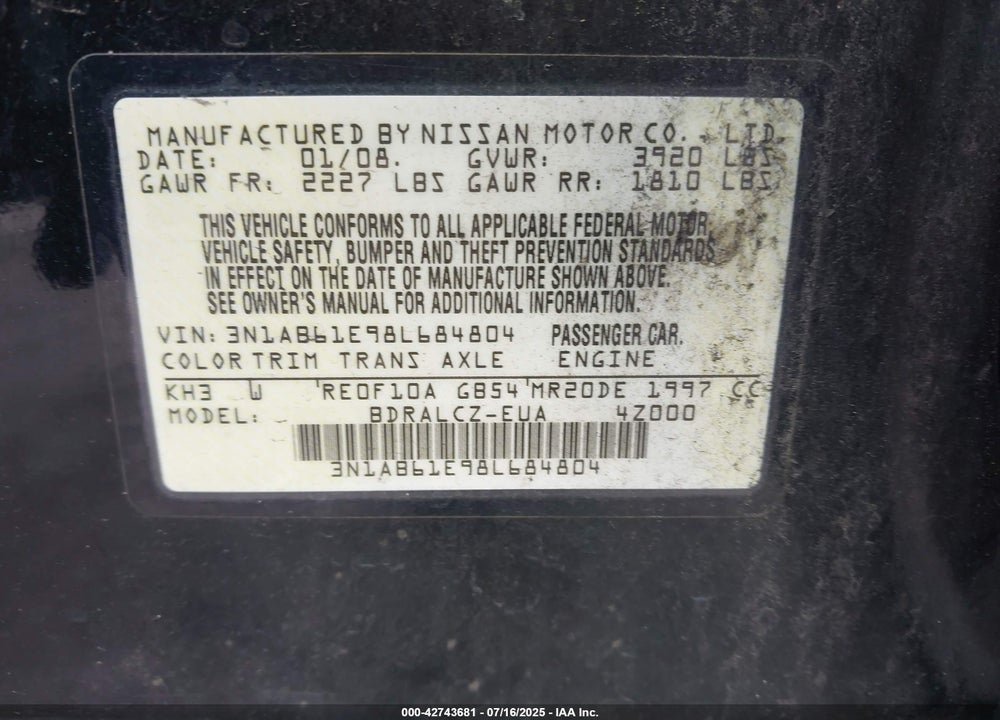 2008 NISSAN SENTRA VIN: 3N1AB61E98L684804