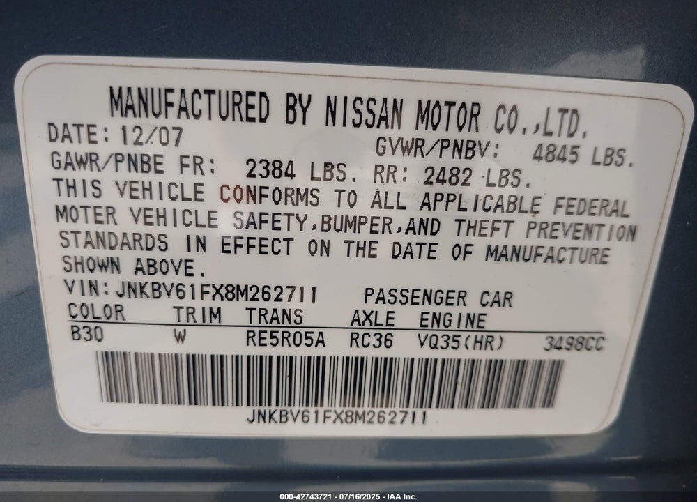 2008 INFINITI G35X VIN: JNKBV61FX8M262711