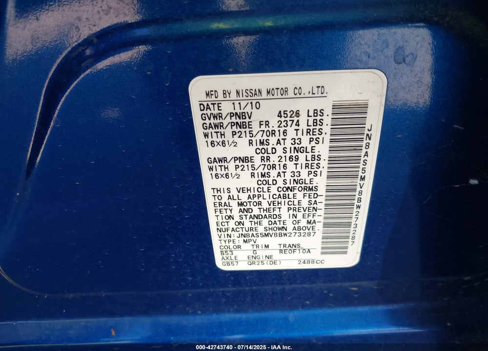 2011 NISSAN ROGUE VIN: JN8AS5MV8BW273287