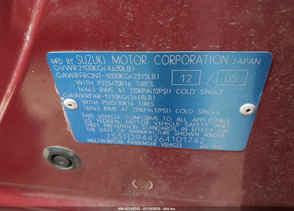 2006 SUZUKI GRAND VITARA VIN: JS3TD944264101742