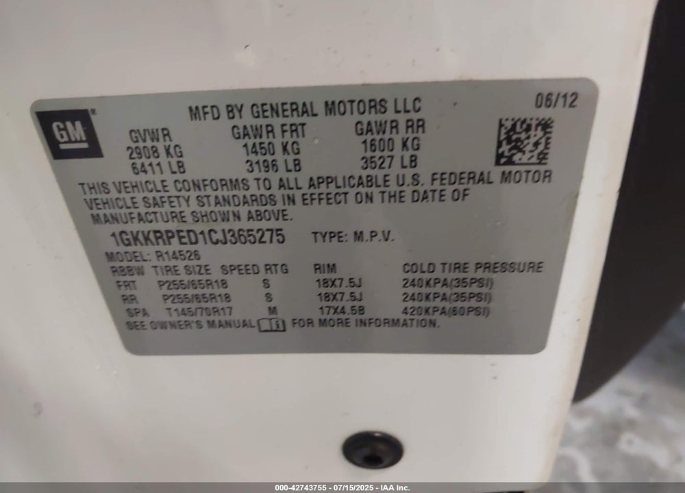 2012 GMC ACADIA SLE VIN: 1GKKRPED1CJ365275