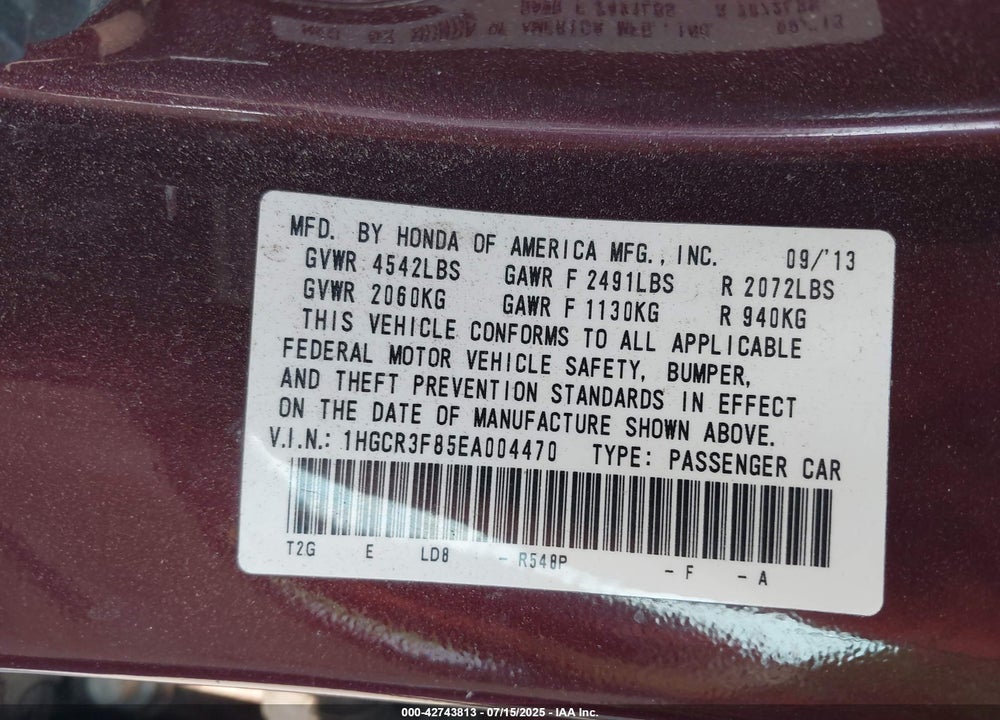 2014 HONDA ACCORD VIN: 1HGCR3F85EA004470