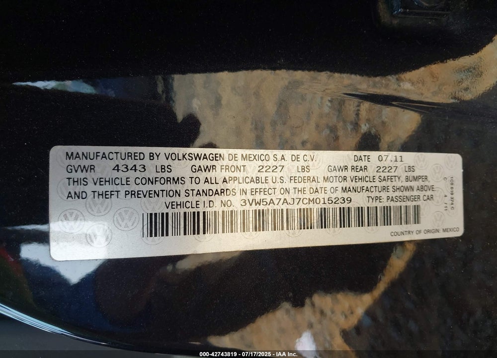 2012 VOLKSWAGEN JETTA VIN: 3VW5A7AJ7CM015239