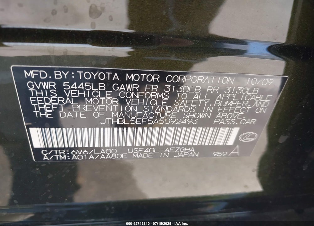 2010 LEXUS LS 460 VIN: JTHBL5EF5A5092493