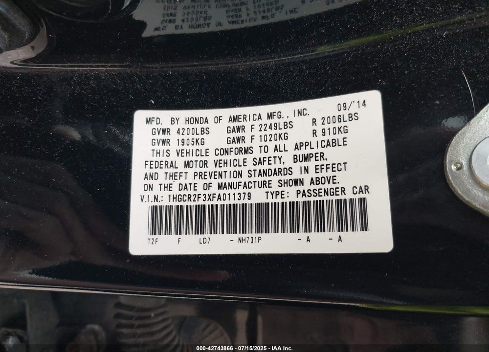 2015 HONDA ACCORD VIN: 1HGCR2F3XFA011379