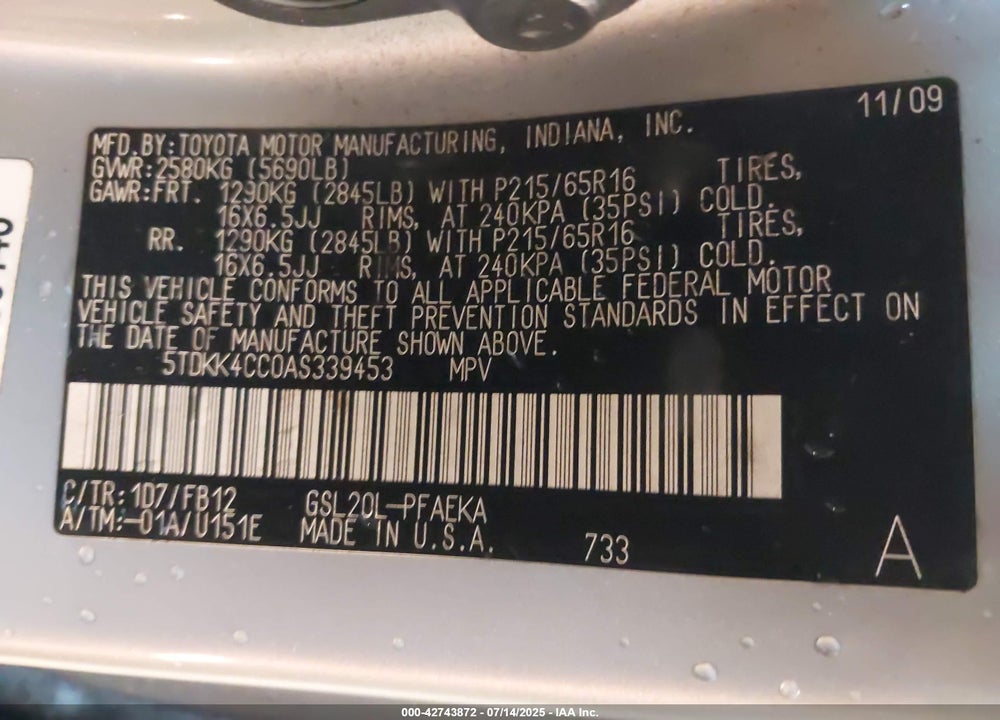 2010 TOYOTA SIENNA CE VIN: 5TDKK4CC0AS339453