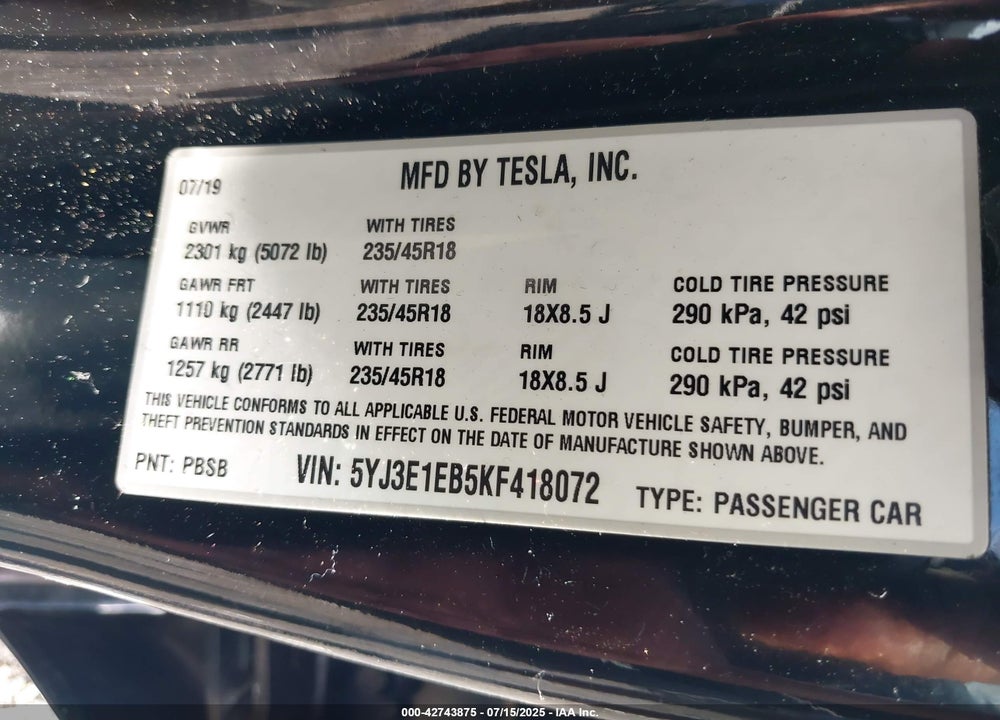 2019 TESLA MODEL 3 LONG RANGE/PERFORMANCE VIN: 5YJ3E1EB5KF418072
